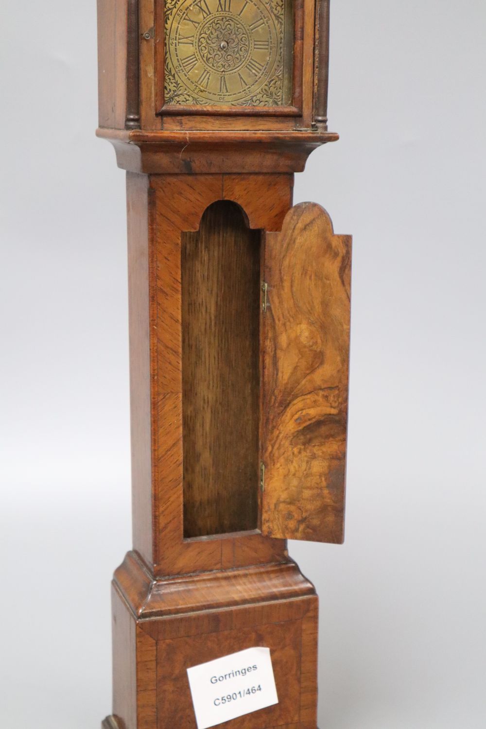 A mahogany and burr walnut miniature longcase clock, with Elgin watch movement, height 46cm